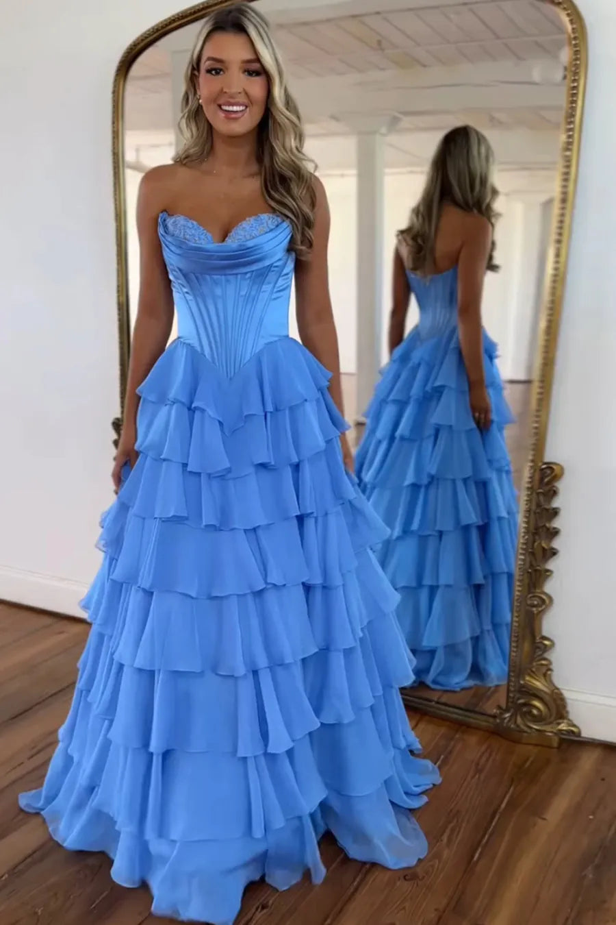 Light Blue Sweetheart A-Line Chiffon Tiered Long Prom Dress with Slit