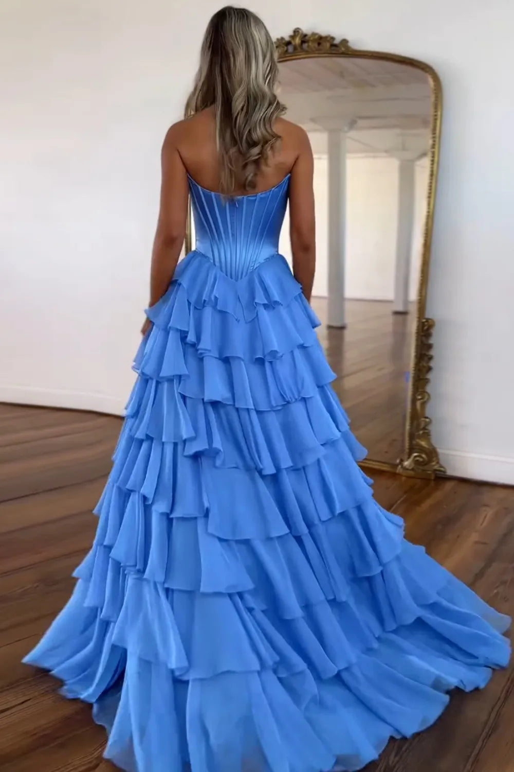 Light Blue Sweetheart A-Line Chiffon Tiered Long Prom Dress with Slit