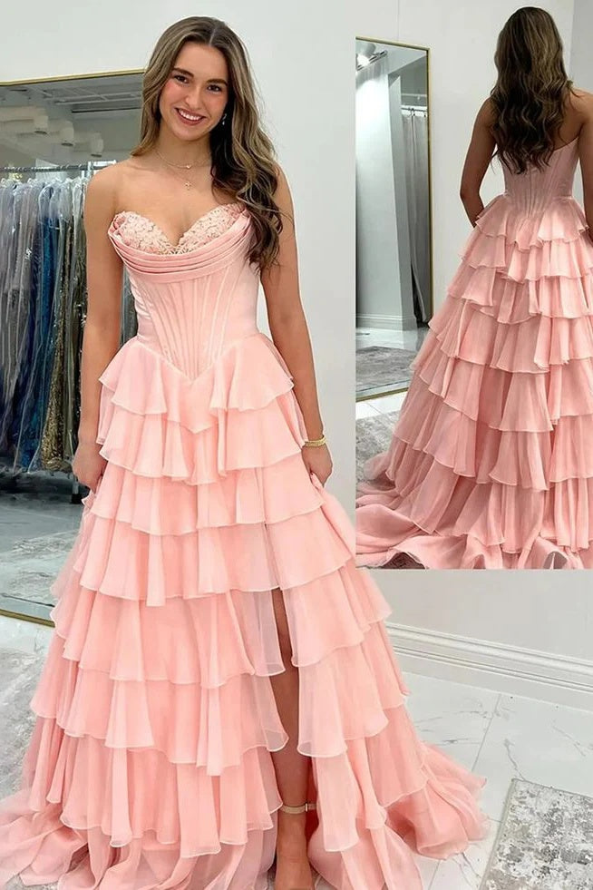 Light Blue Sweetheart A-Line Chiffon Tiered Long Prom Dress with Slit