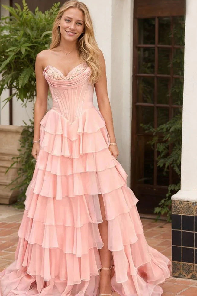 Light Blue Sweetheart A-Line Chiffon Tiered Long Prom Dress with Slit