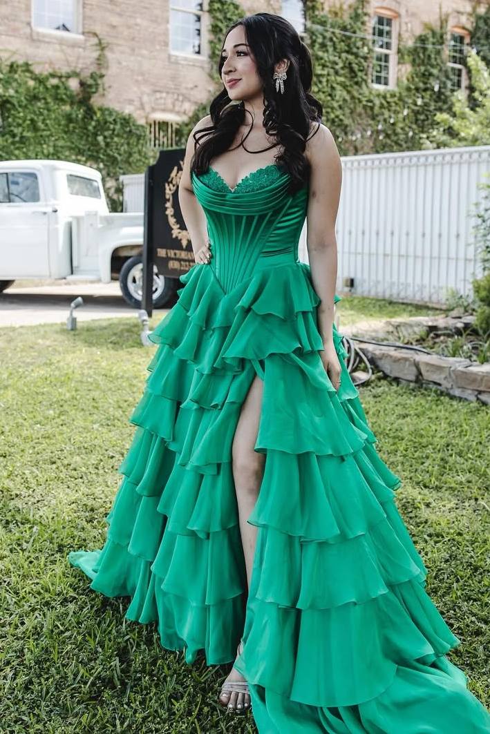 Light Blue Sweetheart A-Line Chiffon Tiered Long Prom Dress with Slit