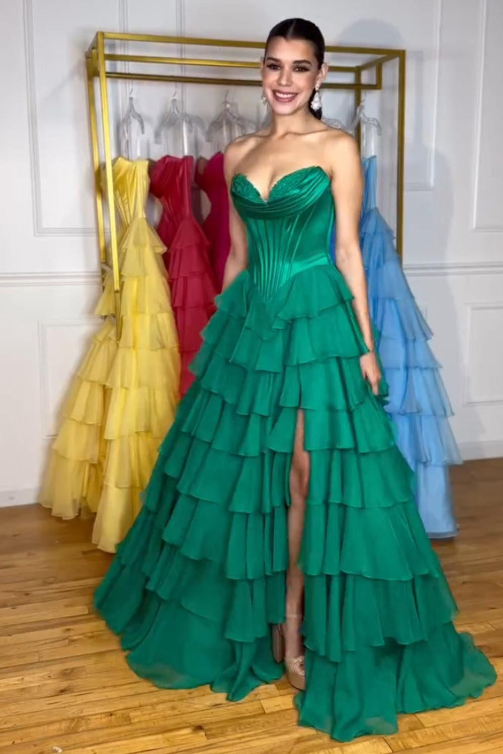 Light Blue Sweetheart A-Line Chiffon Tiered Long Prom Dress with Slit