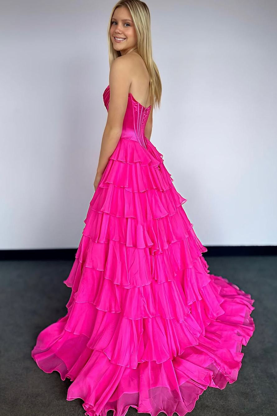 Light Blue Sweetheart A-Line Chiffon Tiered Long Prom Dress with Slit