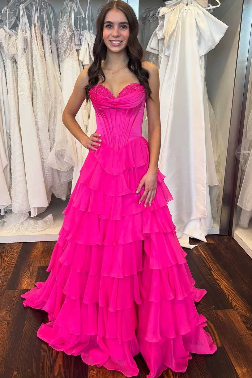 Light Blue Sweetheart A-Line Chiffon Tiered Long Prom Dress with Slit