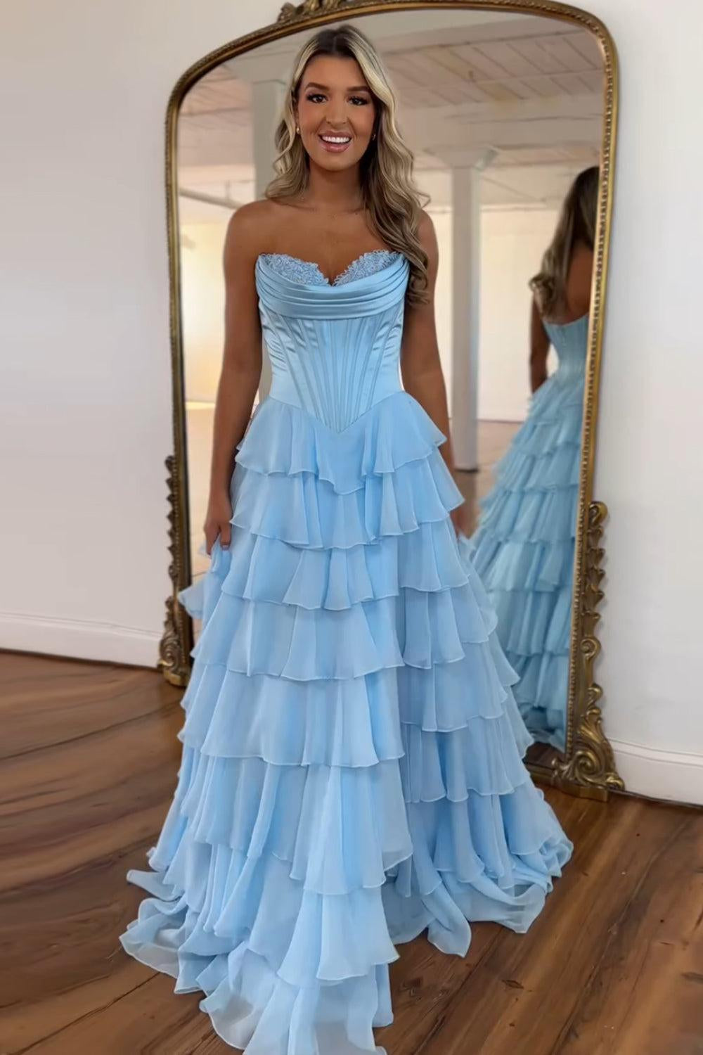 Light Blue Sweetheart A-Line Chiffon Tiered Long Prom Dress with Slit