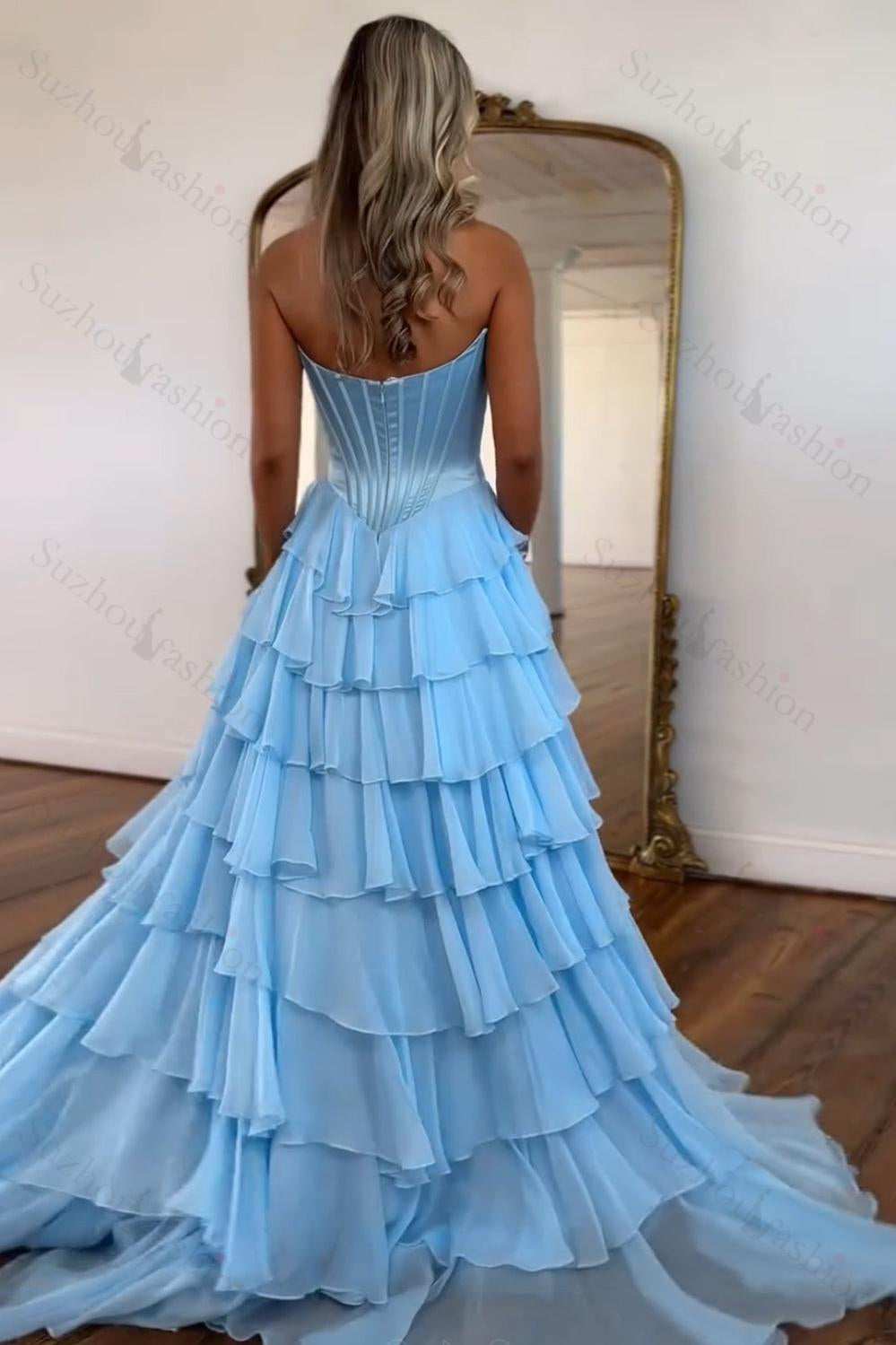Light Blue Sweetheart A-Line Chiffon Tiered Long Prom Dress with Slit