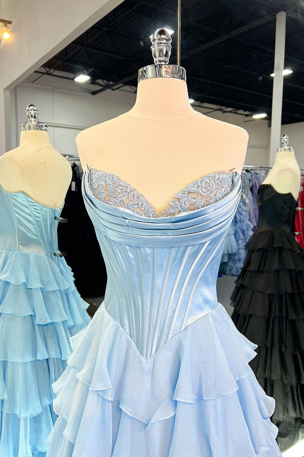 Light Blue Sweetheart A-Line Chiffon Tiered Long Prom Dress with Slit