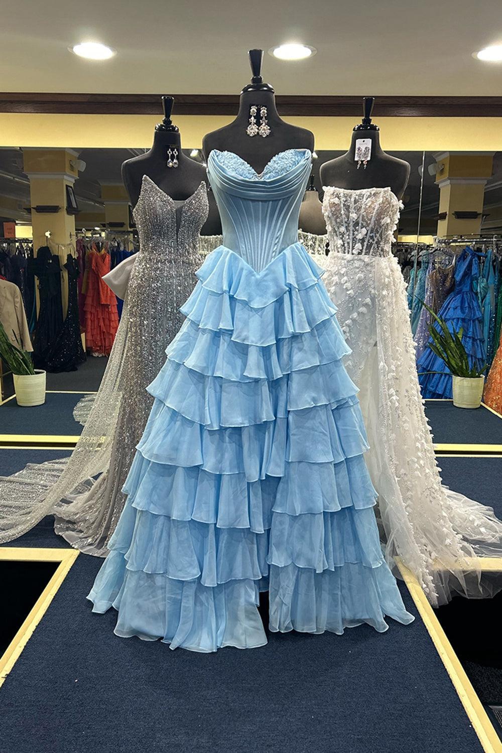Light Blue Sweetheart A-Line Chiffon Tiered Long Prom Dress with Slit