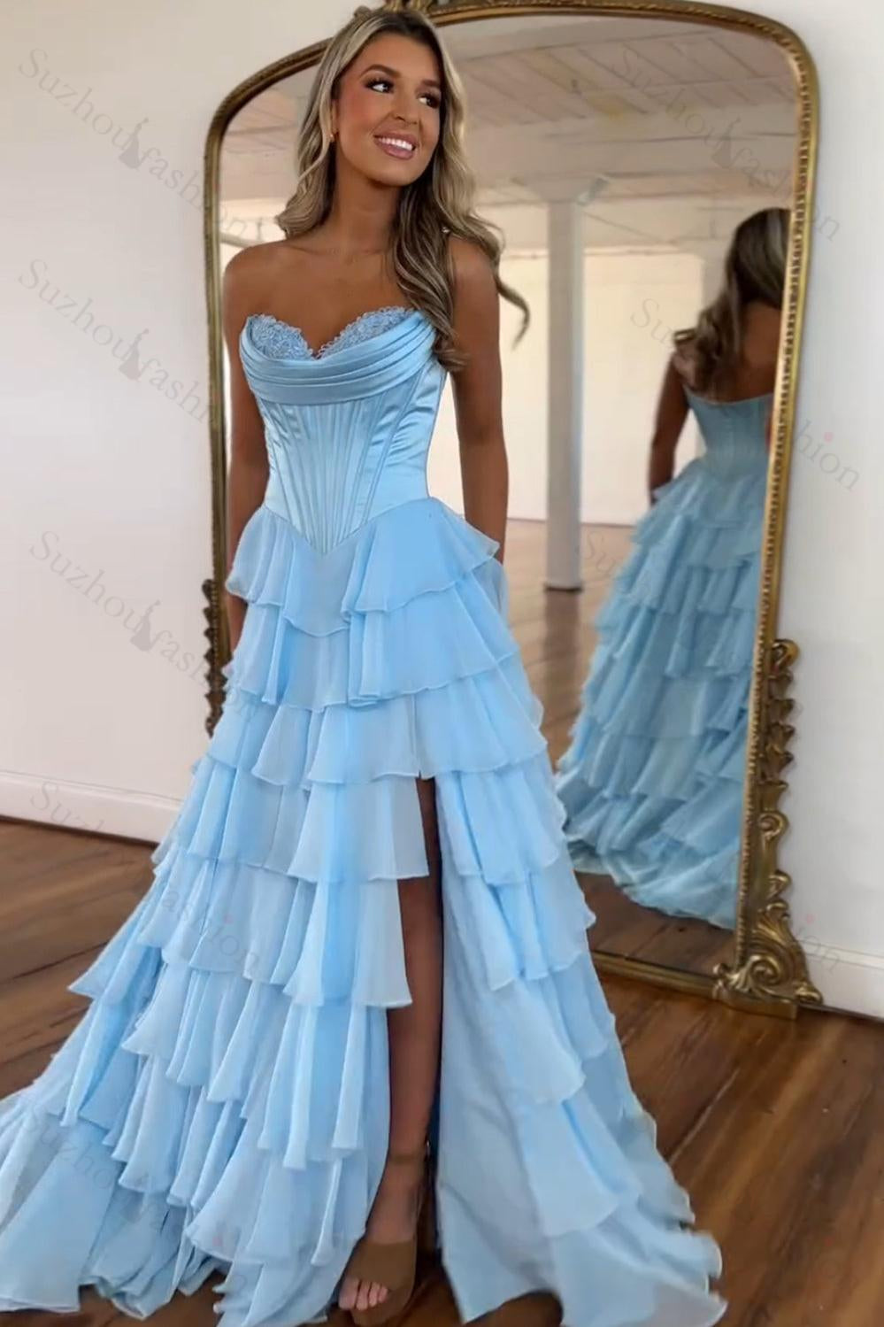 Light Blue Sweetheart A-Line Chiffon Tiered Long Prom Dress with Slit
