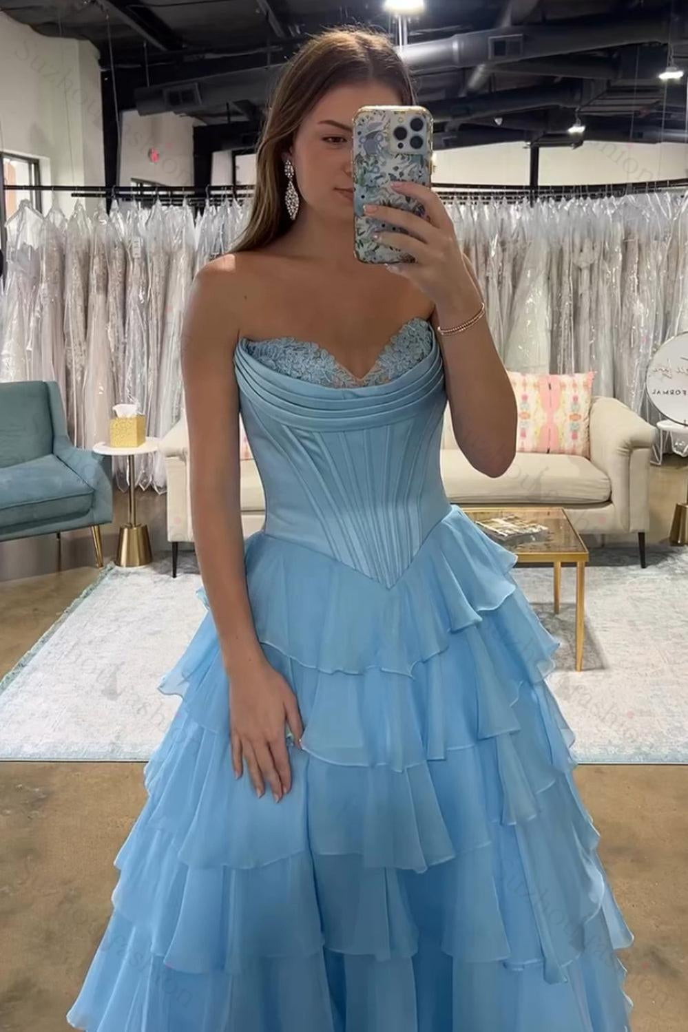 Light Blue Sweetheart A-Line Chiffon Tiered Long Prom Dress with Slit
