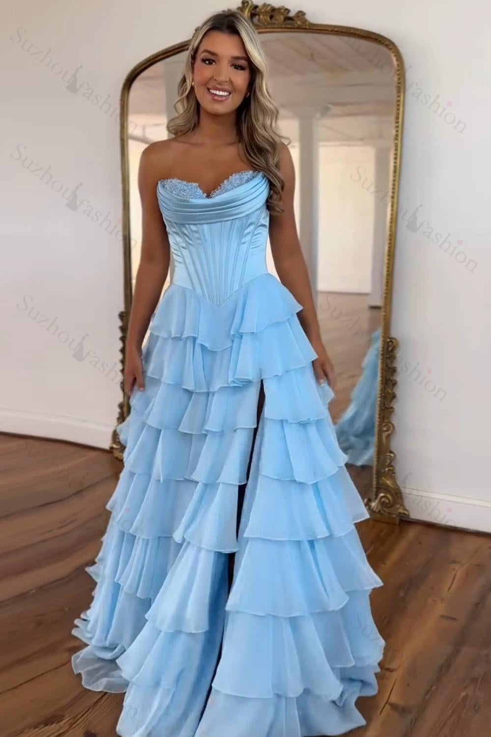 Light Blue Sweetheart A-Line Chiffon Tiered Long Prom Dress with Slit