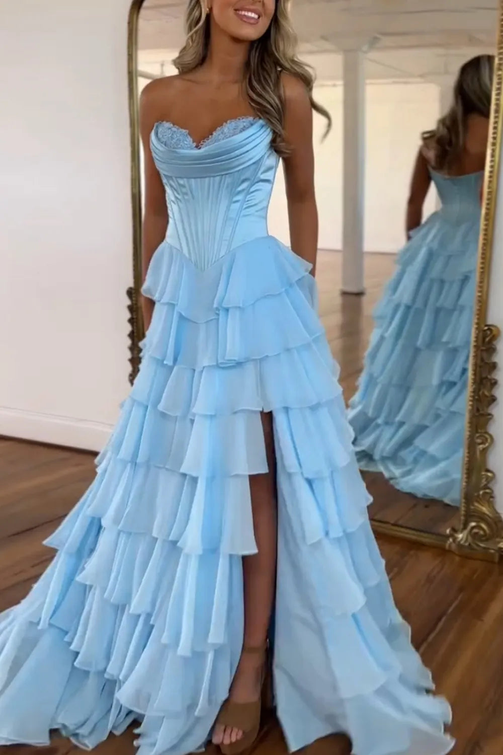 Light Blue Sweetheart A-Line Chiffon Tiered Long Prom Dress with Slit