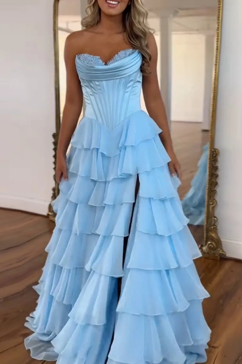 Light Blue Sweetheart A-Line Chiffon Tiered Long Prom Dress with Slit
