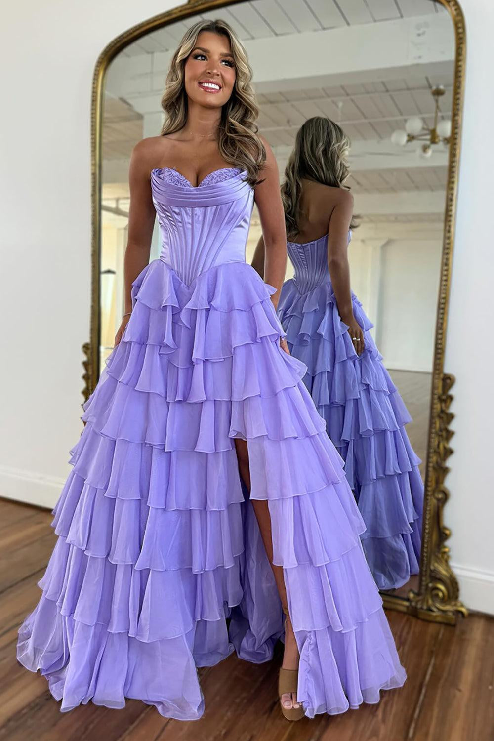 Light Blue Sweetheart A-Line Chiffon Tiered Long Prom Dress with Slit