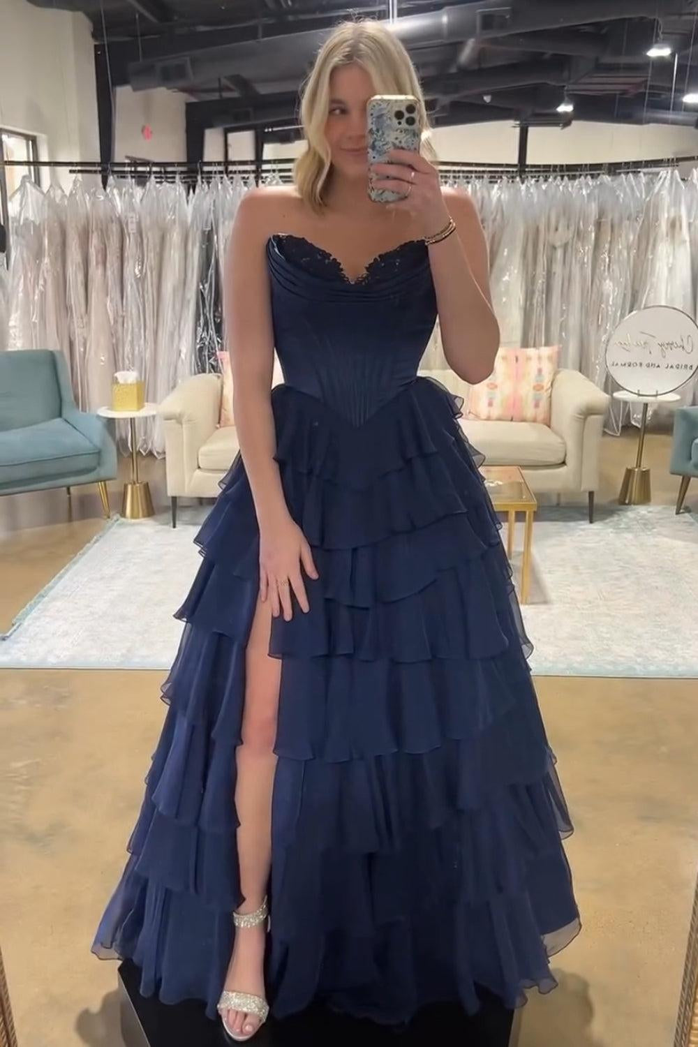 Light Blue Sweetheart A-Line Chiffon Tiered Long Prom Dress with Slit