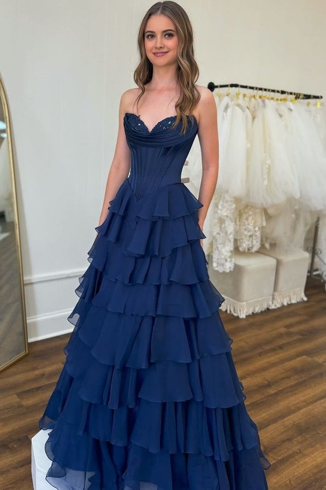 Light Blue Sweetheart A-Line Chiffon Tiered Long Prom Dress with Slit