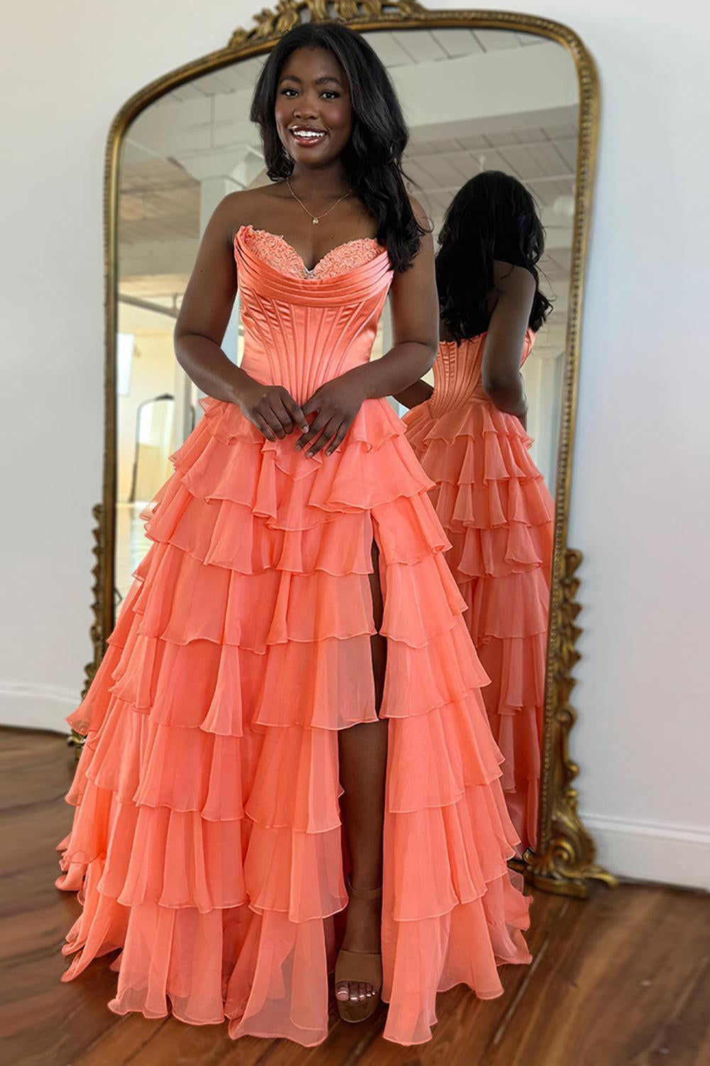 Light Blue Sweetheart A-Line Chiffon Tiered Long Prom Dress with Slit