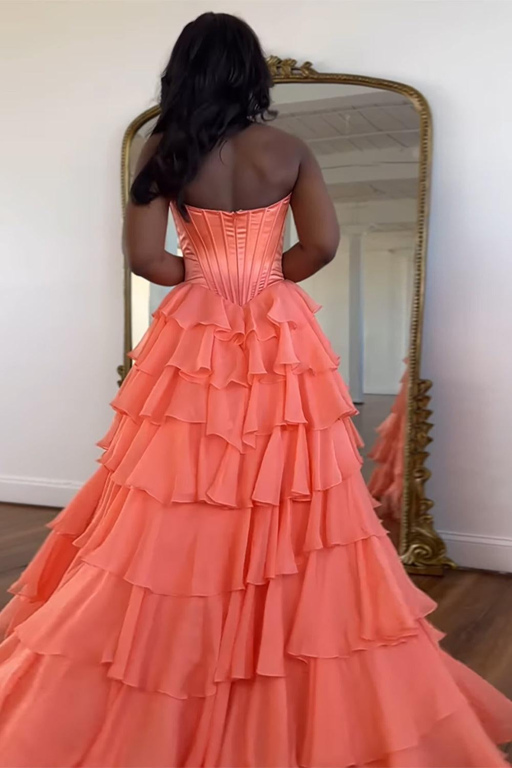Light Blue Sweetheart A-Line Chiffon Tiered Long Prom Dress with Slit