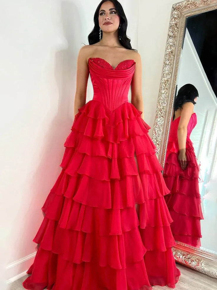 Light Blue Sweetheart A-Line Chiffon Tiered Long Prom Dress with Slit