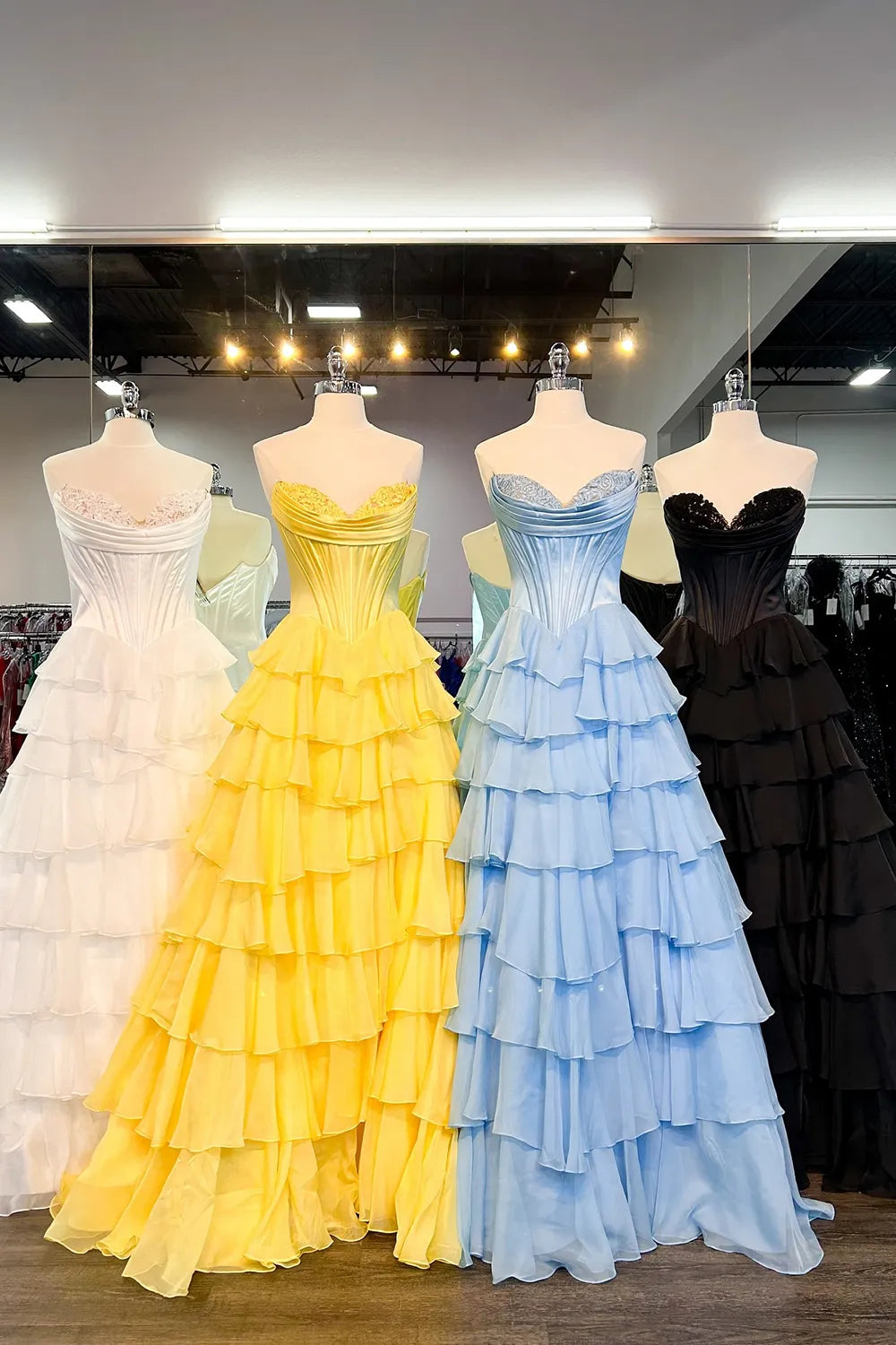 Light Blue Sweetheart A-Line Chiffon Tiered Long Prom Dress with Slit