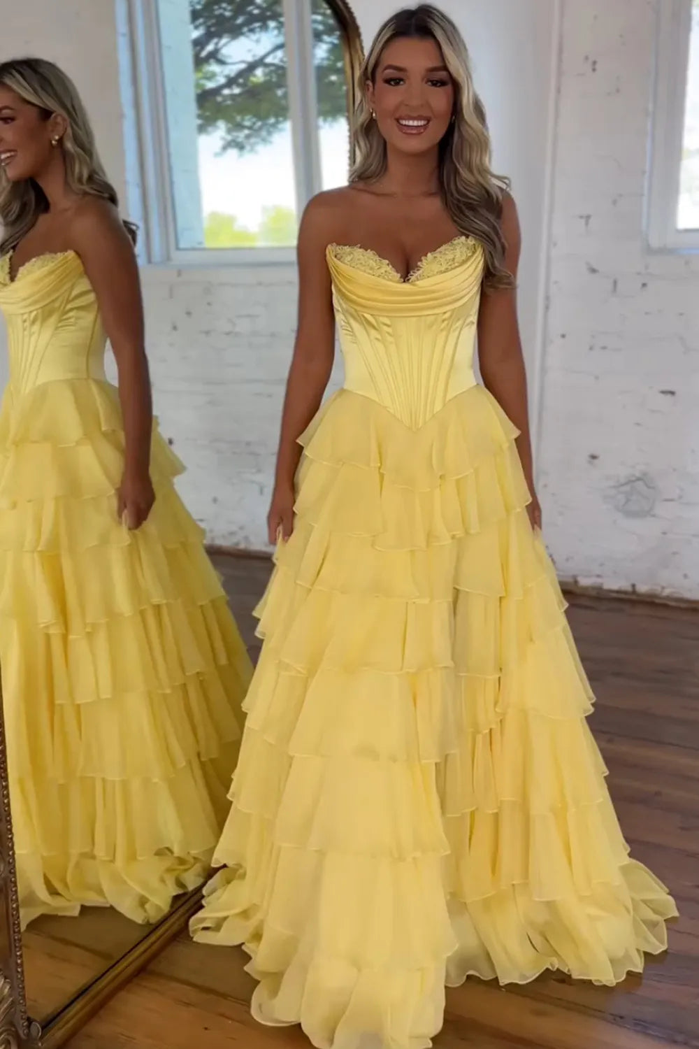 Light Blue Sweetheart A-Line Chiffon Tiered Long Prom Dress with Slit