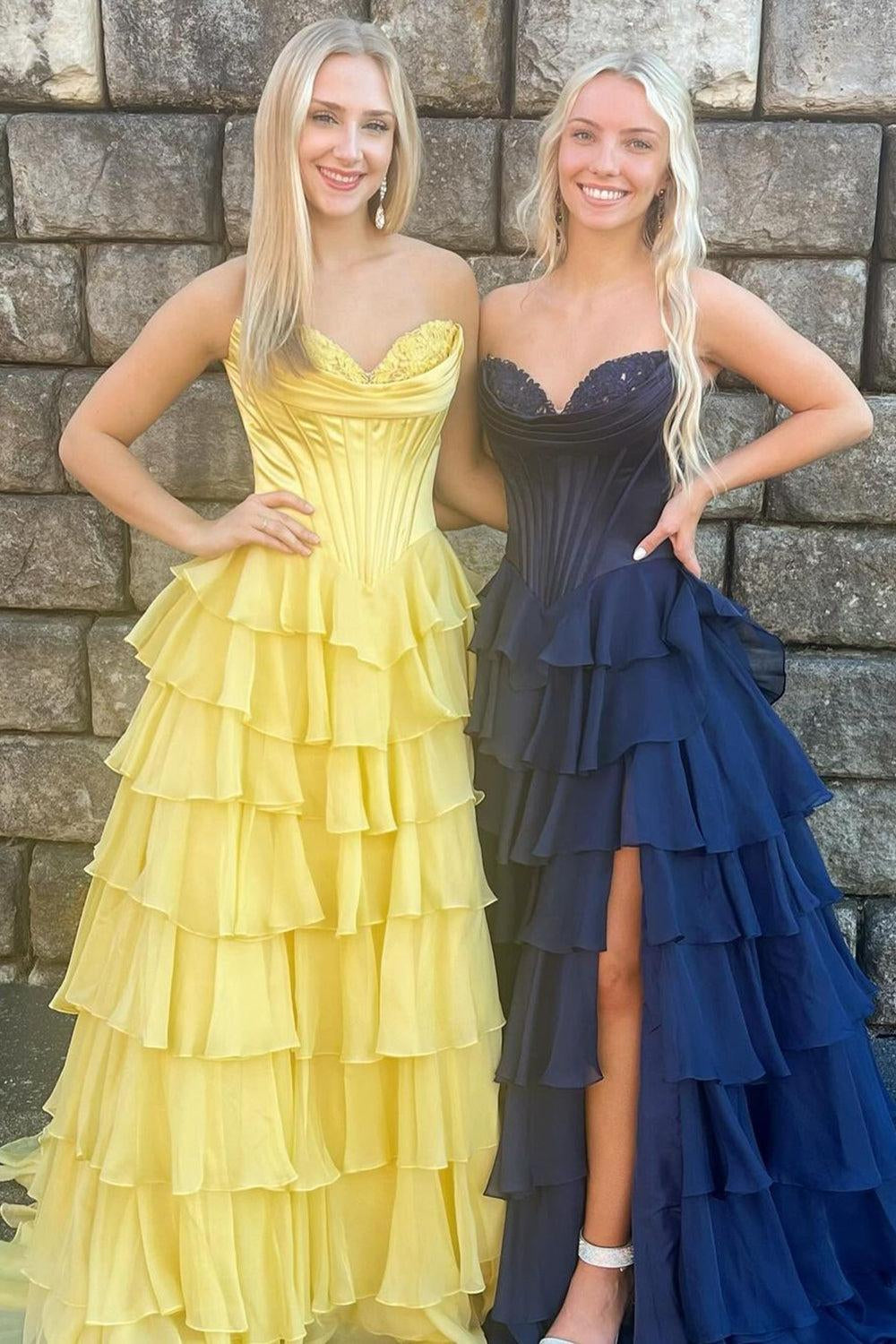 Light Blue Sweetheart A-Line Chiffon Tiered Long Prom Dress with Slit