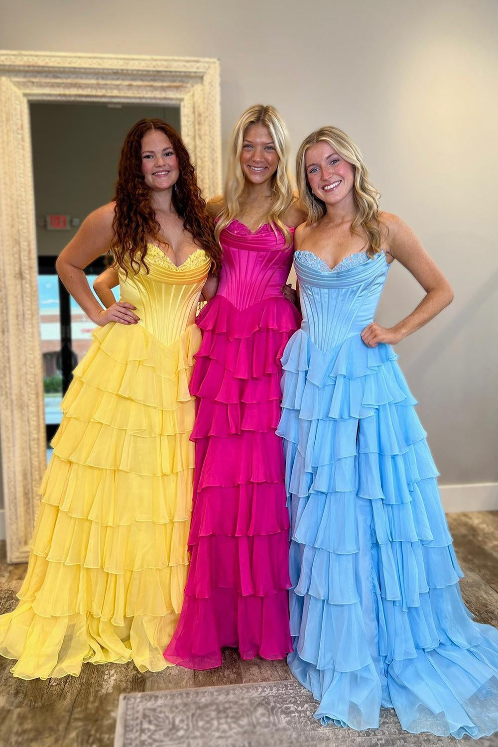 Light Blue Sweetheart A-Line Chiffon Tiered Long Prom Dress with Slit