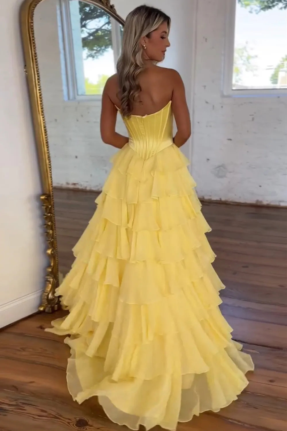 Light Blue Sweetheart A-Line Chiffon Tiered Long Prom Dress with Slit