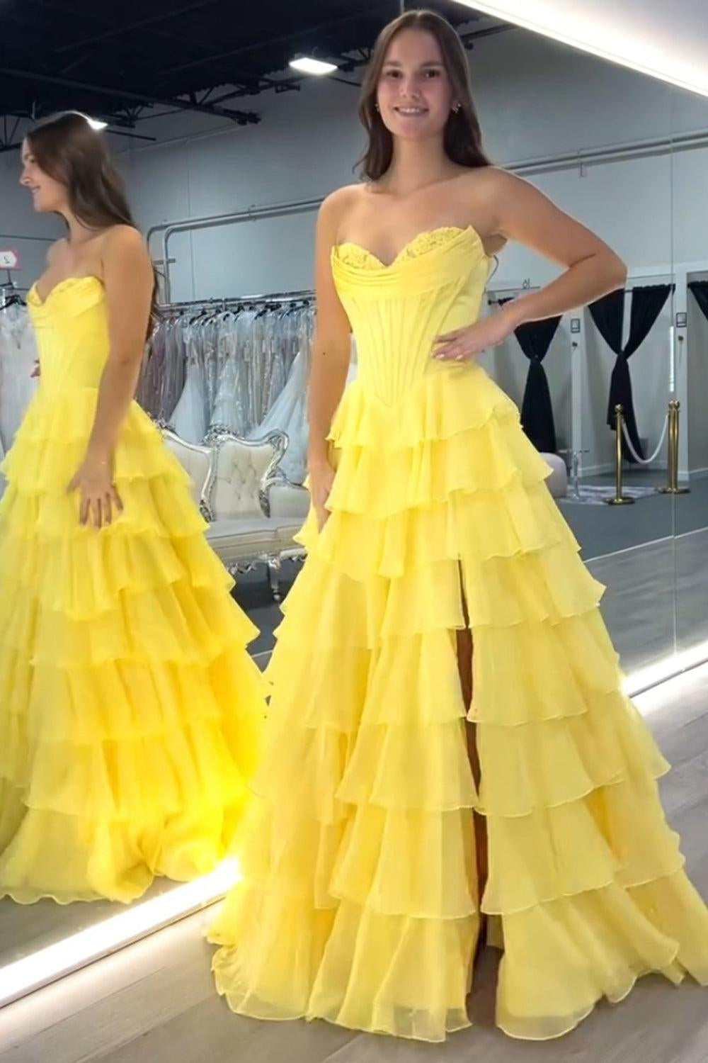 Light Blue Sweetheart A-Line Chiffon Tiered Long Prom Dress with Slit