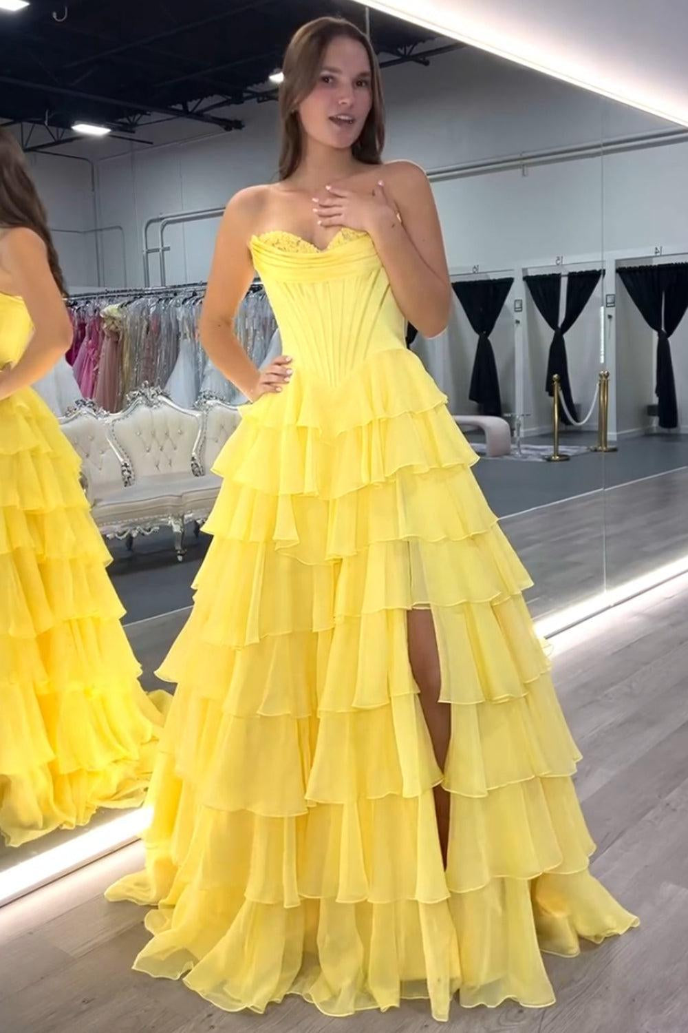 Light Blue Sweetheart A-Line Chiffon Tiered Long Prom Dress with Slit