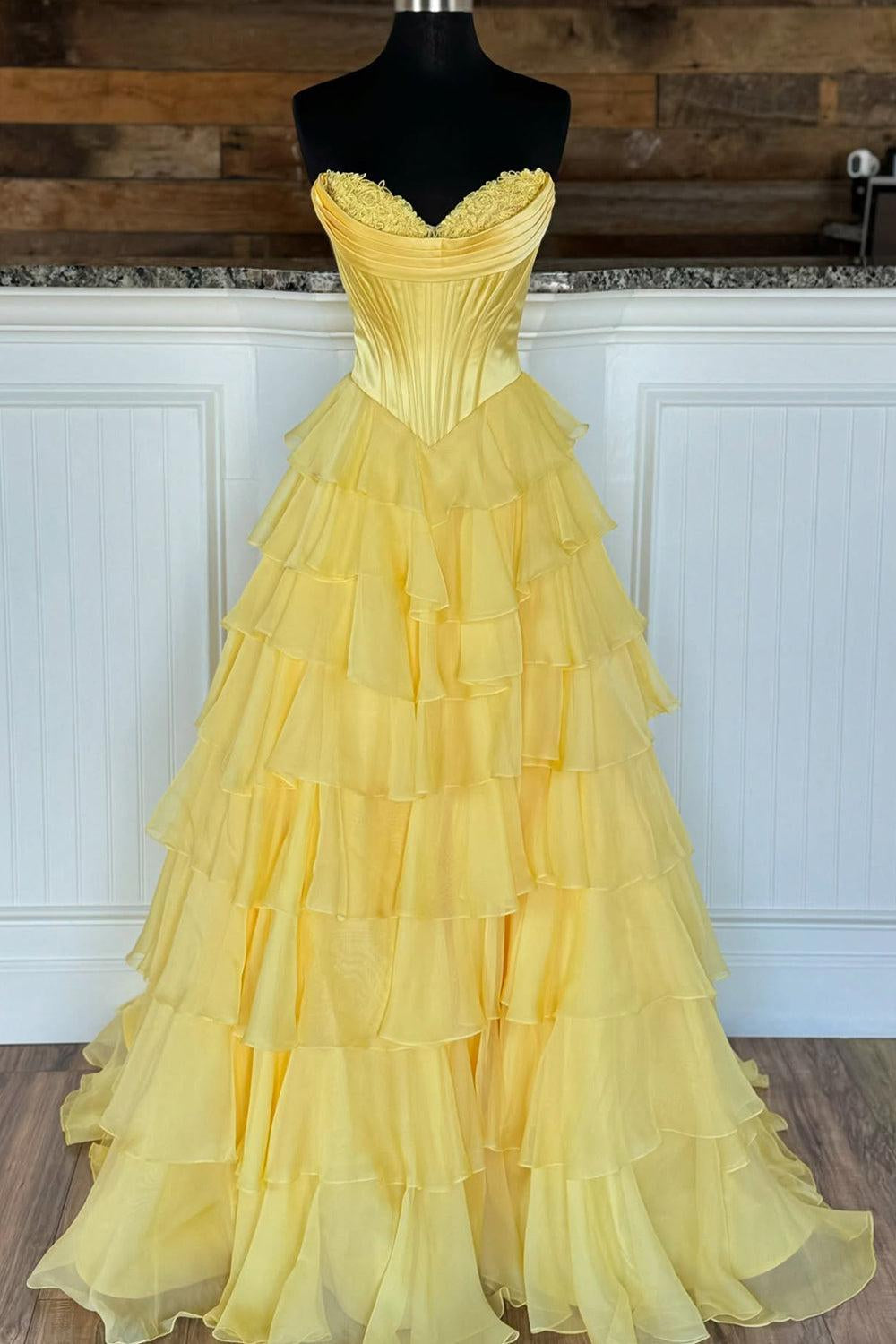 Light Blue Sweetheart A-Line Chiffon Tiered Long Prom Dress with Slit