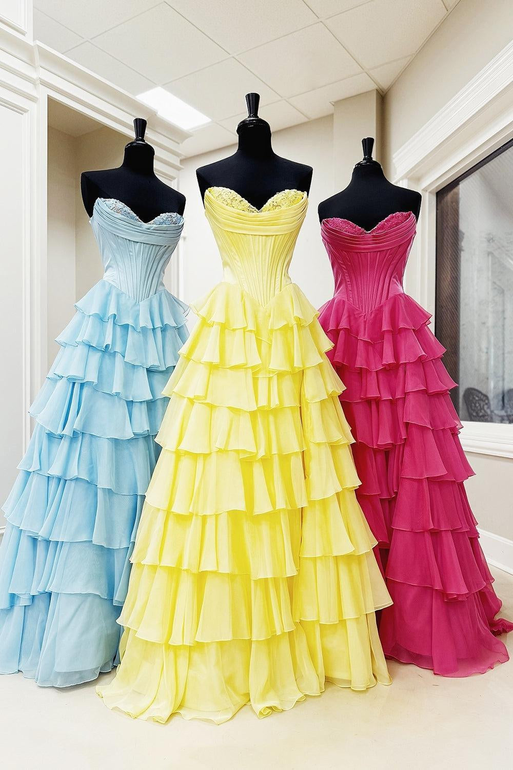Light Blue Sweetheart A-Line Chiffon Tiered Long Prom Dress with Slit