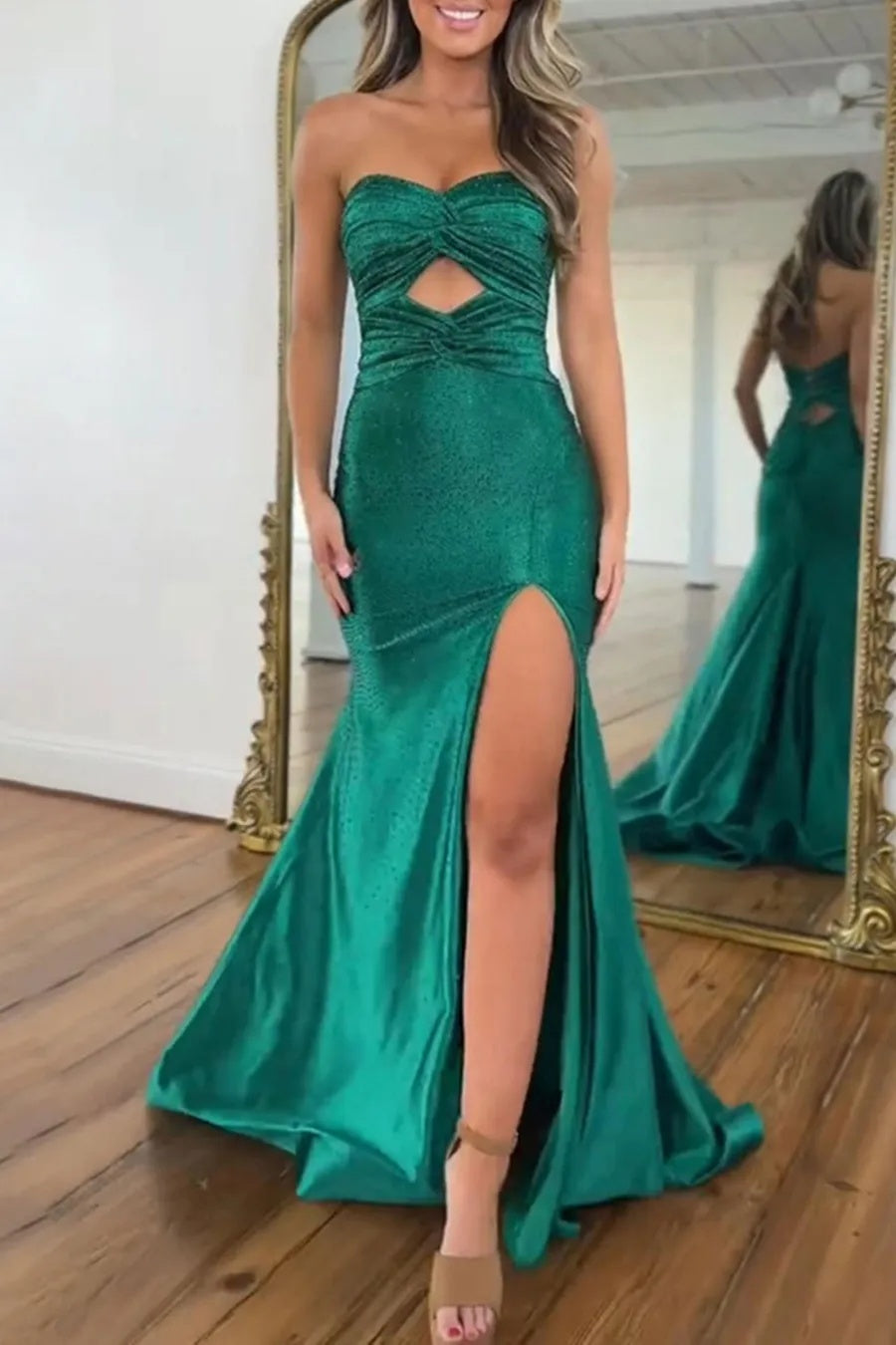 Dark Green Sweetheart Mermaid Satin Long Prom Dress with Slit