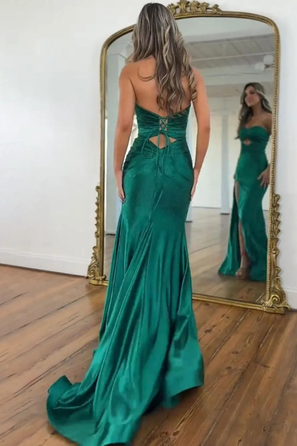 Dark Green Sweetheart Mermaid Satin Long Prom Dress with Slit