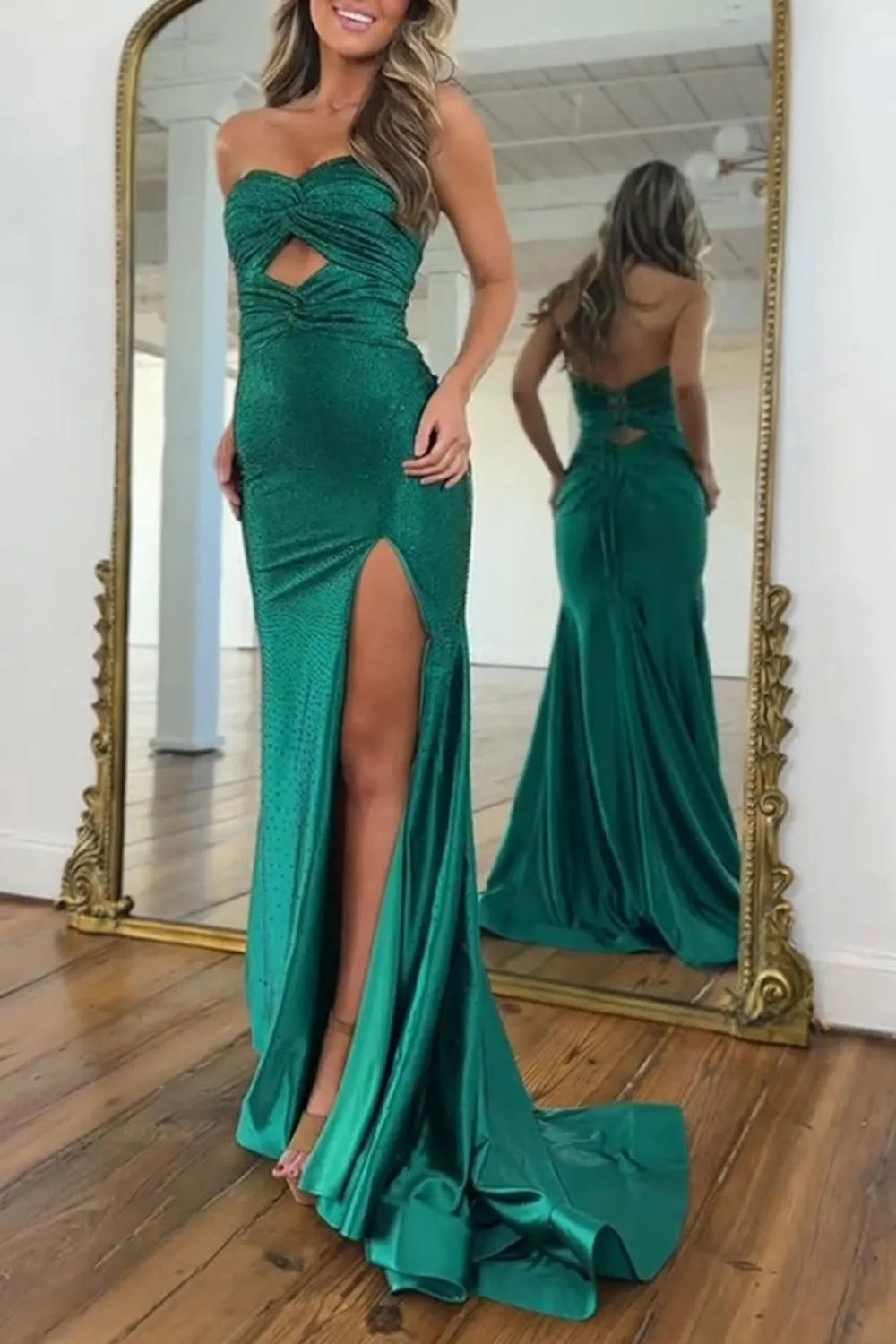 Dark Green Sweetheart Mermaid Satin Long Prom Dress with Slit
