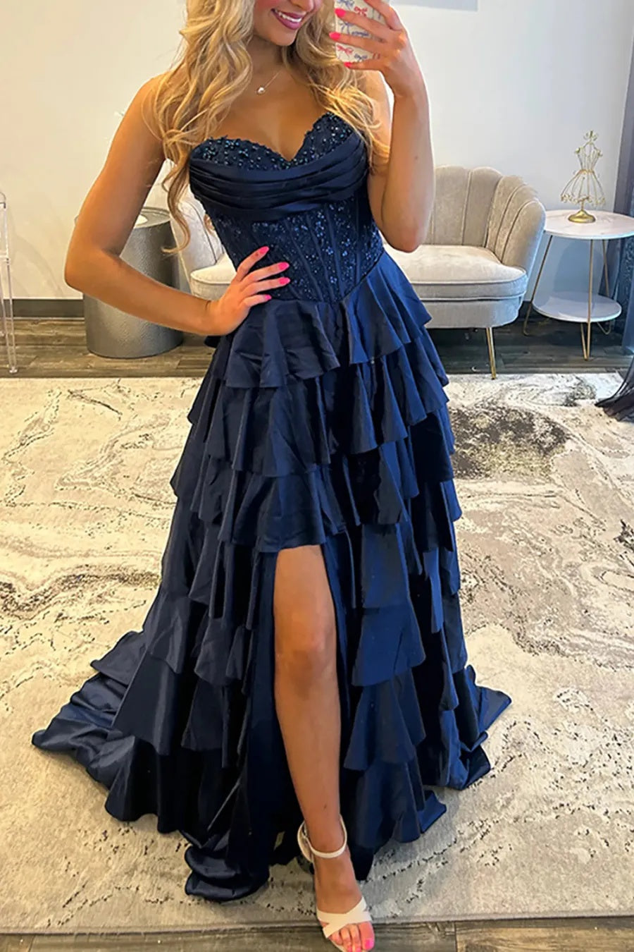 Navy Sweetheart A-Line Satin Tiered Long Prom Dress with Beading