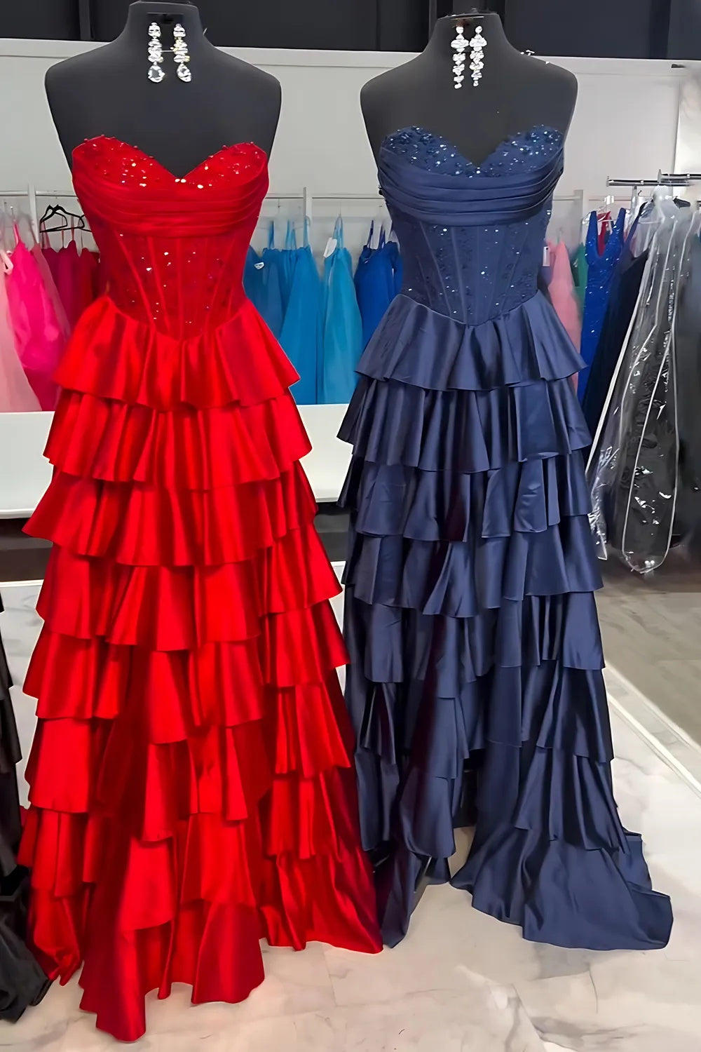 Navy Sweetheart A-Line Satin Tiered Long Prom Dress with Beading