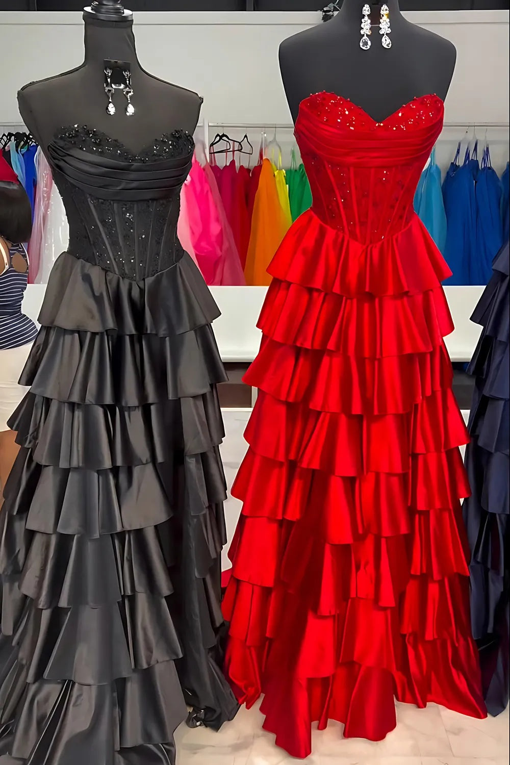 Navy Sweetheart A-Line Satin Tiered Long Prom Dress with Beading