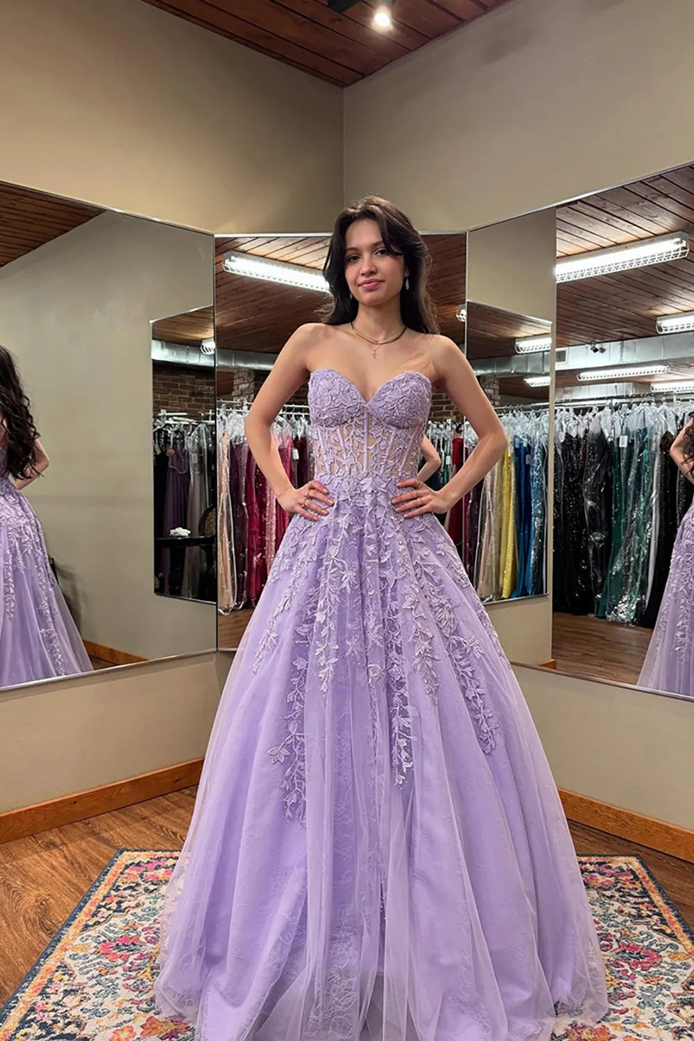 Lilac Sweetheart A-Line Tulle Long Corset Prom Dress with Appliques