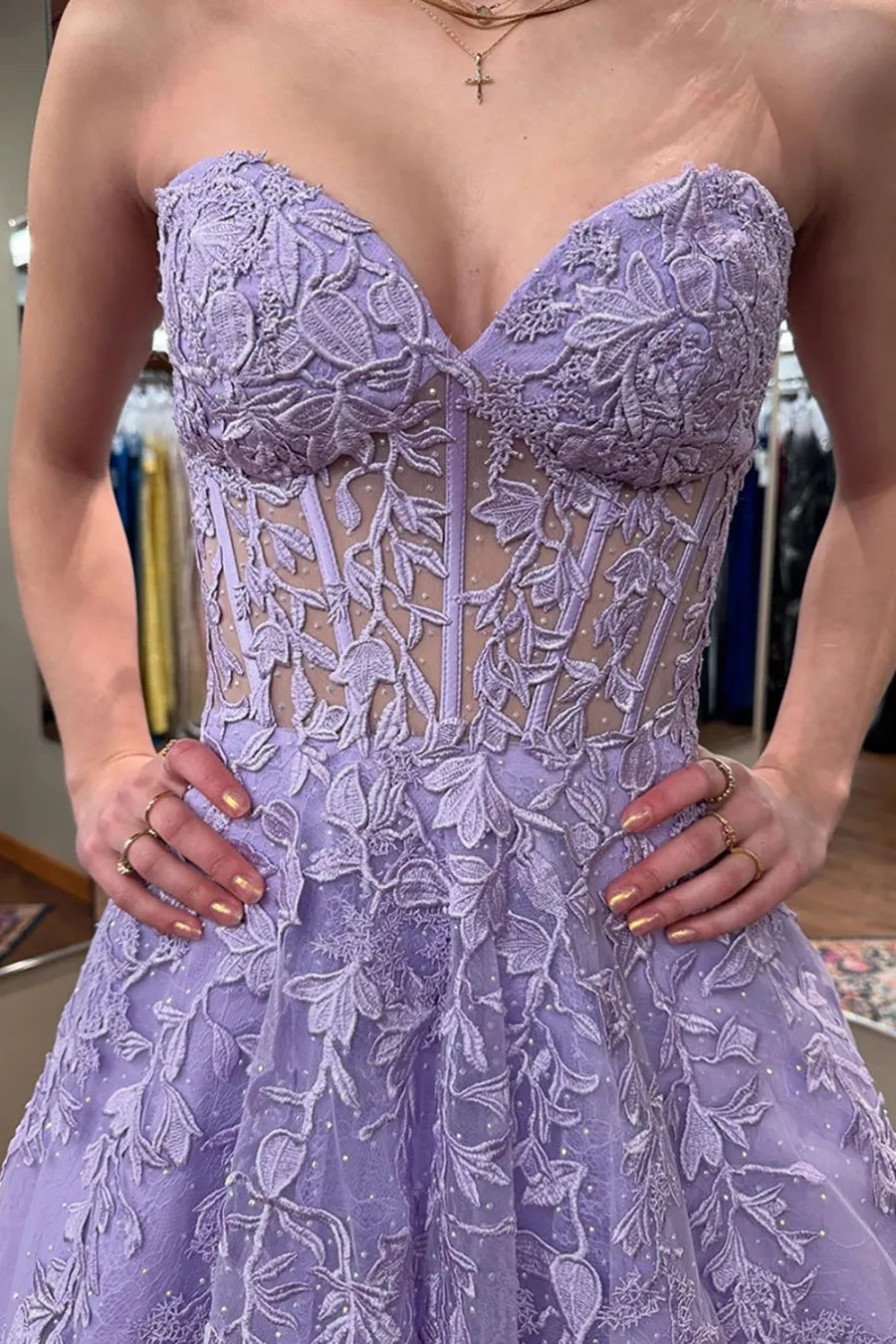 Lilac Sweetheart A-Line Tulle Long Corset Prom Dress with Appliques