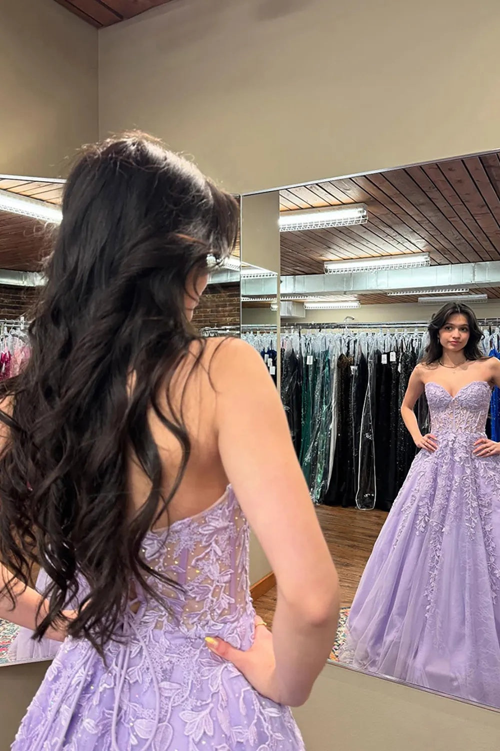 Lilac Sweetheart A-Line Tulle Long Corset Prom Dress with Appliques