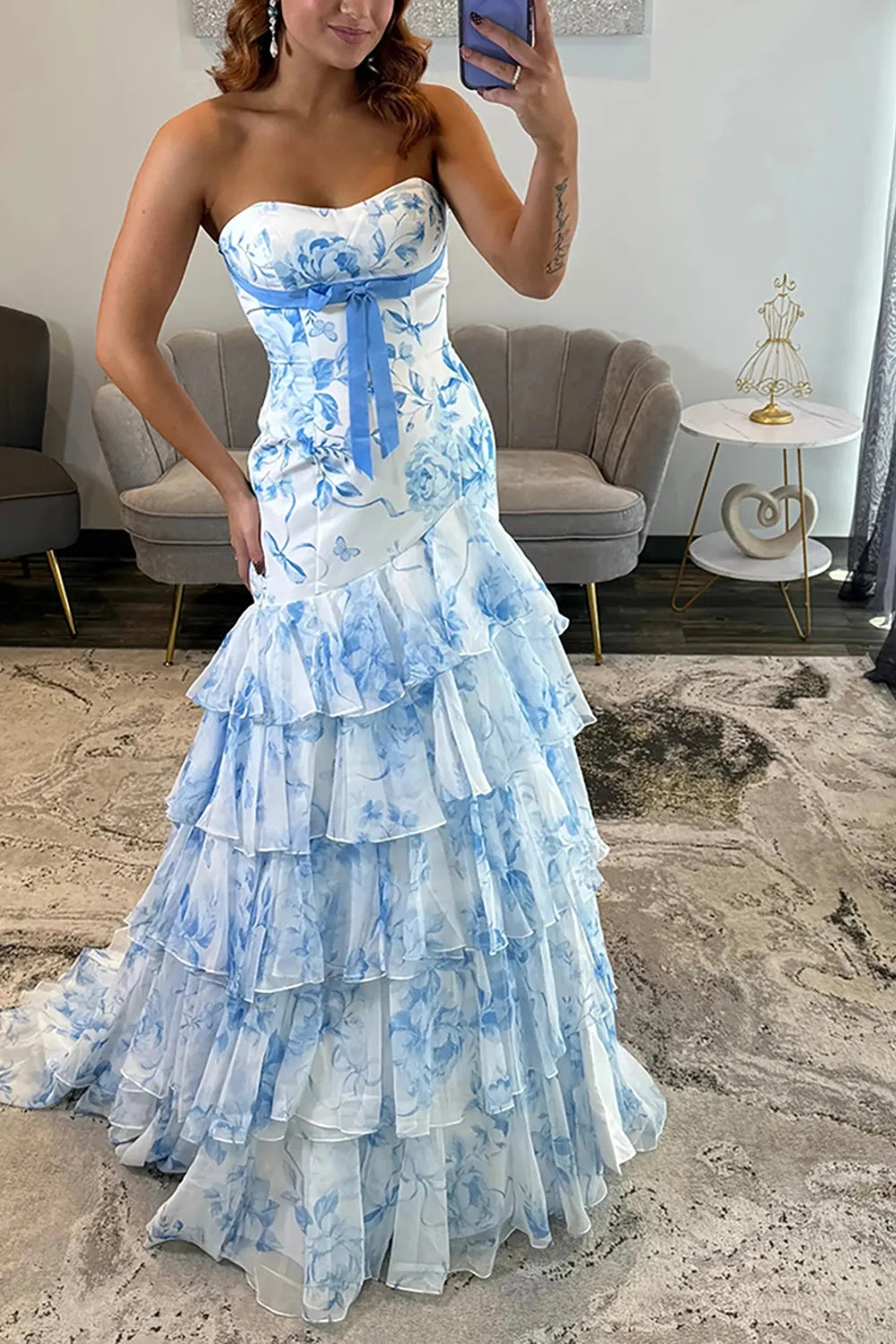 Blue Floral Chiffon Tiered Mermaid Long Prom Dress with Bowknot