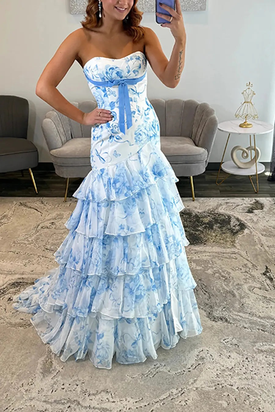 Blue Floral Chiffon Tiered Mermaid Long Prom Dress with Bowknot