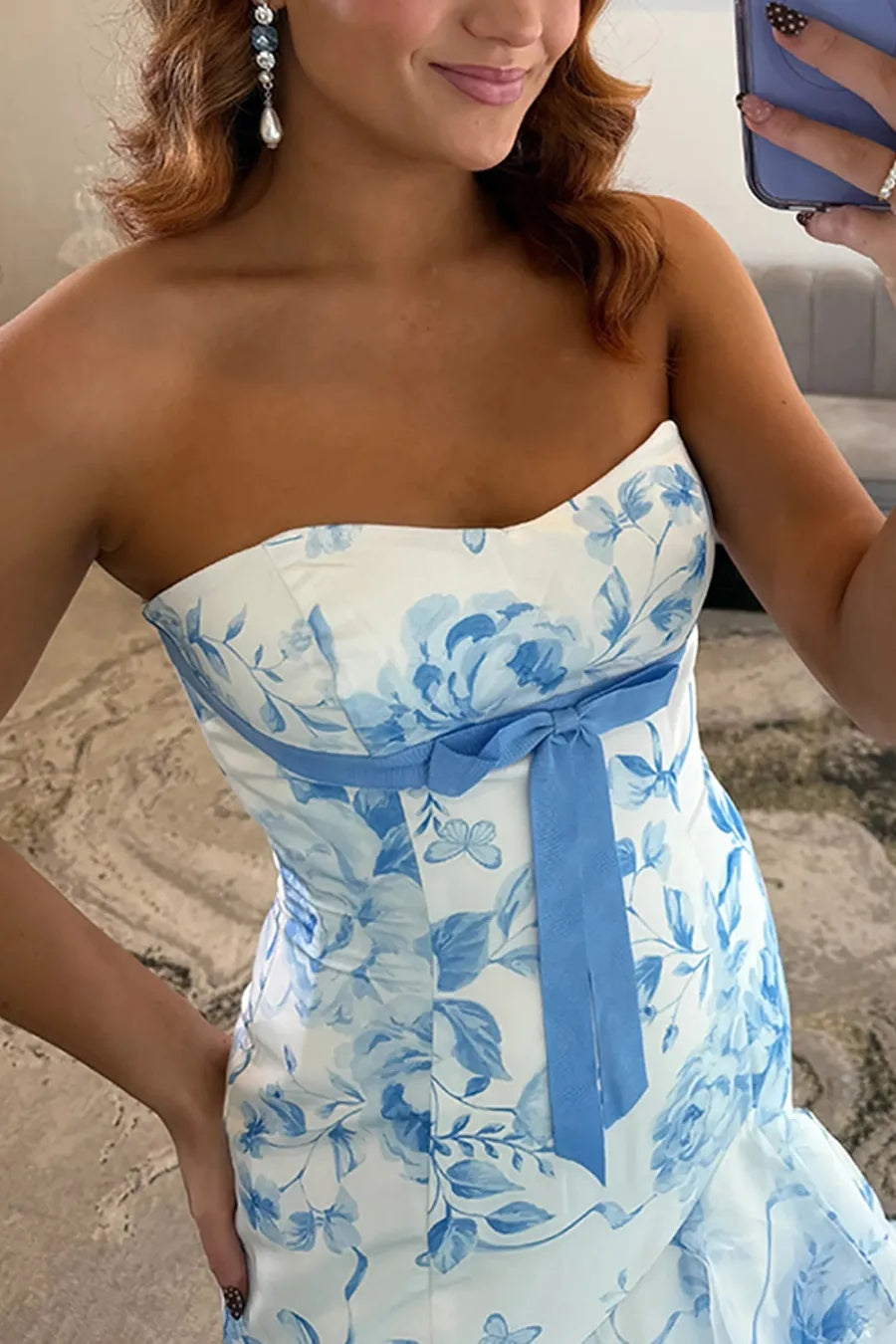 Blue Floral Chiffon Tiered Mermaid Long Prom Dress with Bowknot