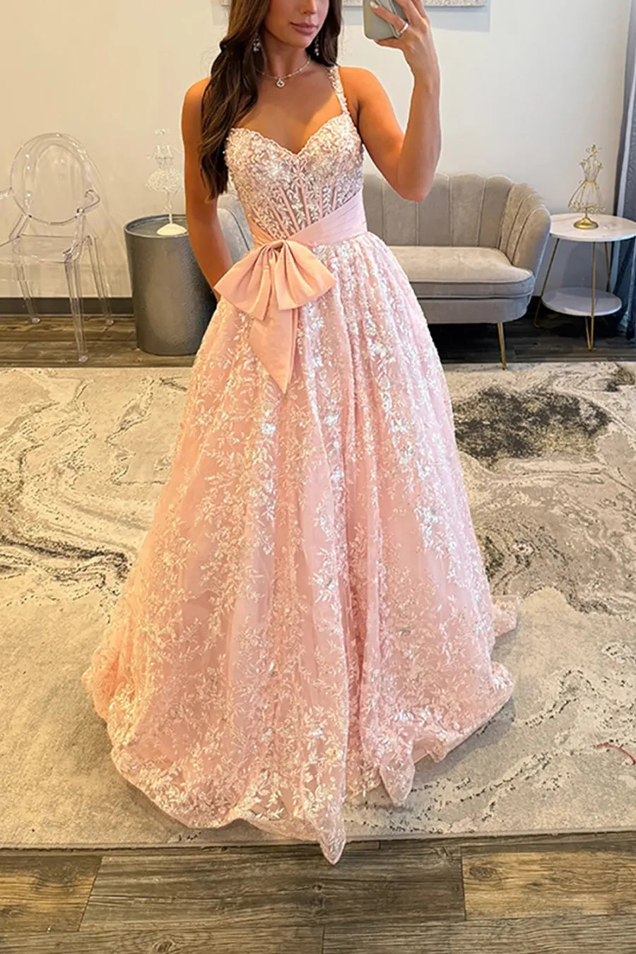 Blush Spaghetti Straps Princess Sequin Appliques Long Prom Dress with Bow