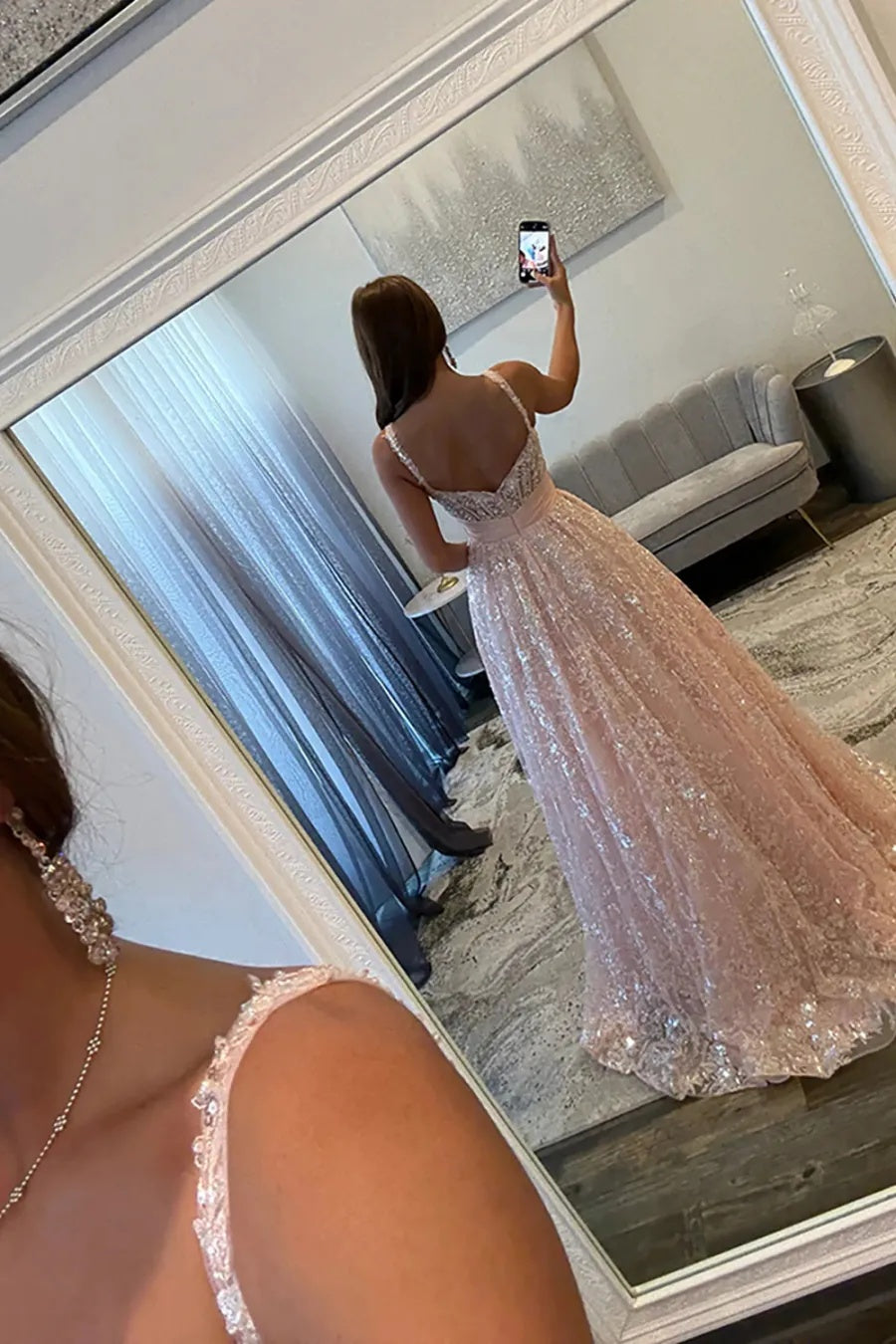 Blush Spaghetti Straps Princess Sequin Appliques Long Prom Dress with Bow