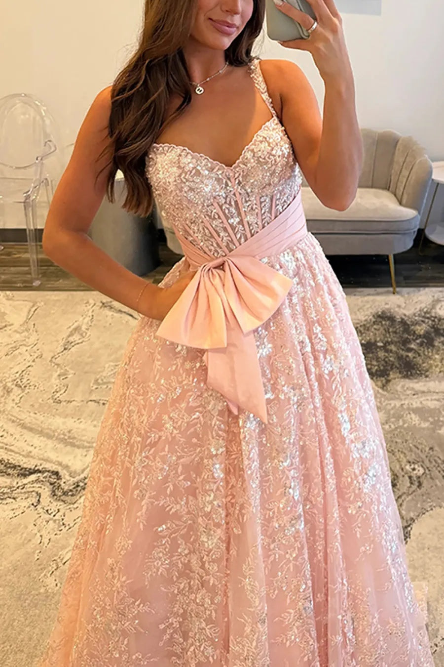 Blush Spaghetti Straps Princess Sequin Appliques Long Prom Dress with Bow