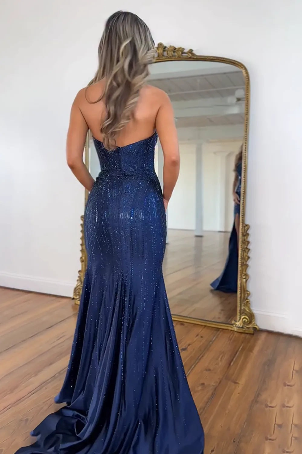 Navy Sweetheart Mermaid Satin Beaded Long Prom Dress with Slit