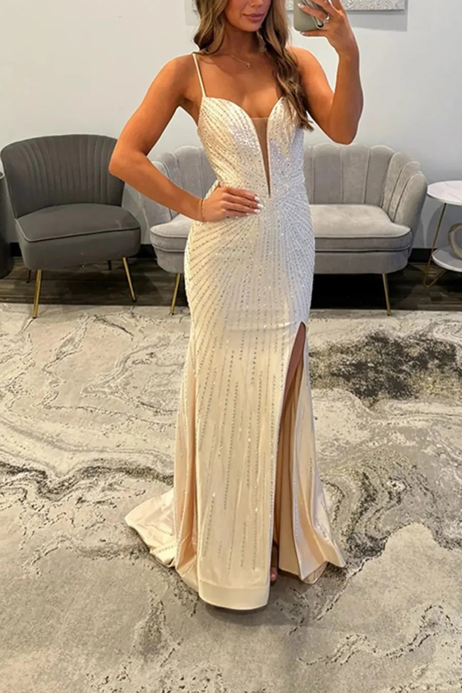 Champagne Spaghetti Straps Mermaid Satin Beaded Long Prom Dress with Slit