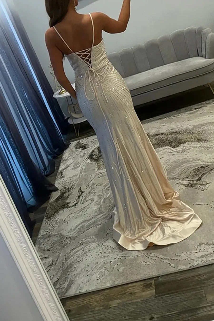 Champagne Spaghetti Straps Mermaid Satin Beaded Long Prom Dress with Slit